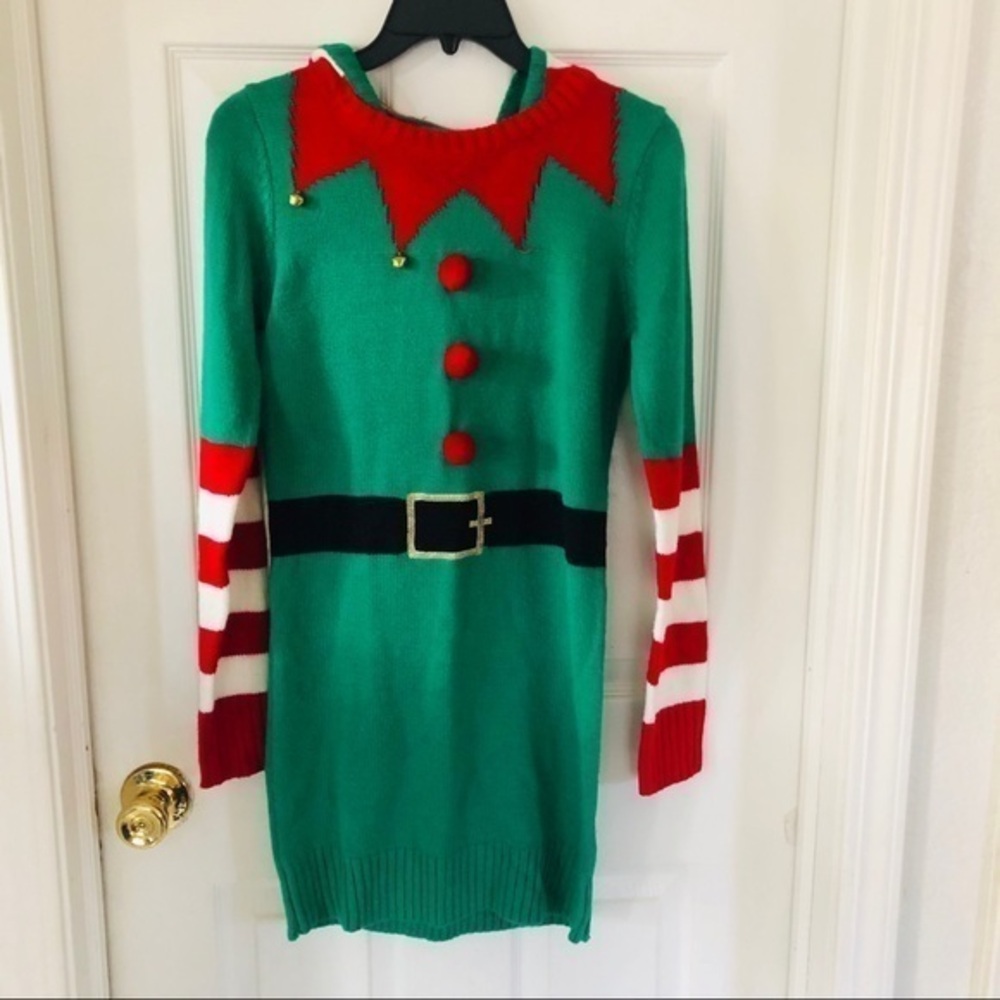 CHRISTMAS holiday elf green Pom Pom striped sweater dress size small